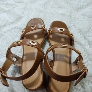 JustFab Tan Sandals with Gold Accents